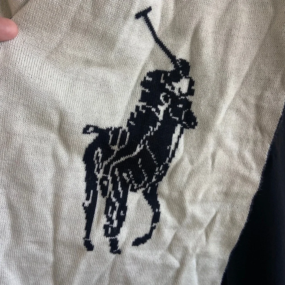 Polo Ralph Lauren Merino Wool Scarf Black Cream Big Pony Logo 9x72 Reversible